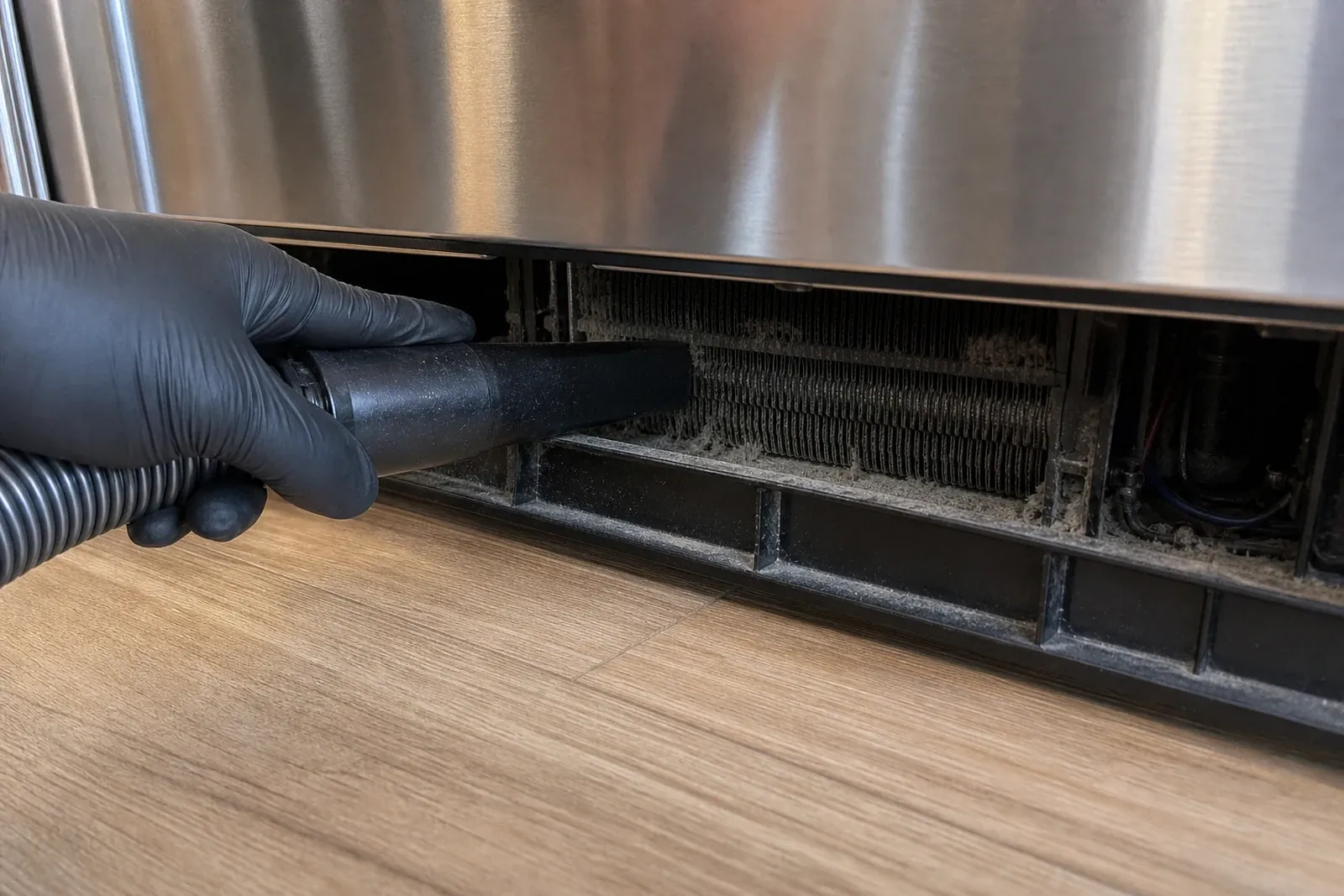 Cleaning a dust-clogged Sub-Zero condenser in a San Ramon kitchen, the root of many common problems