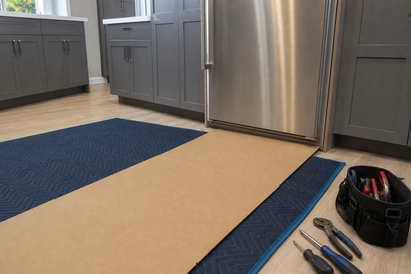 Cabinet-safe pullout staging for a sealed-system job