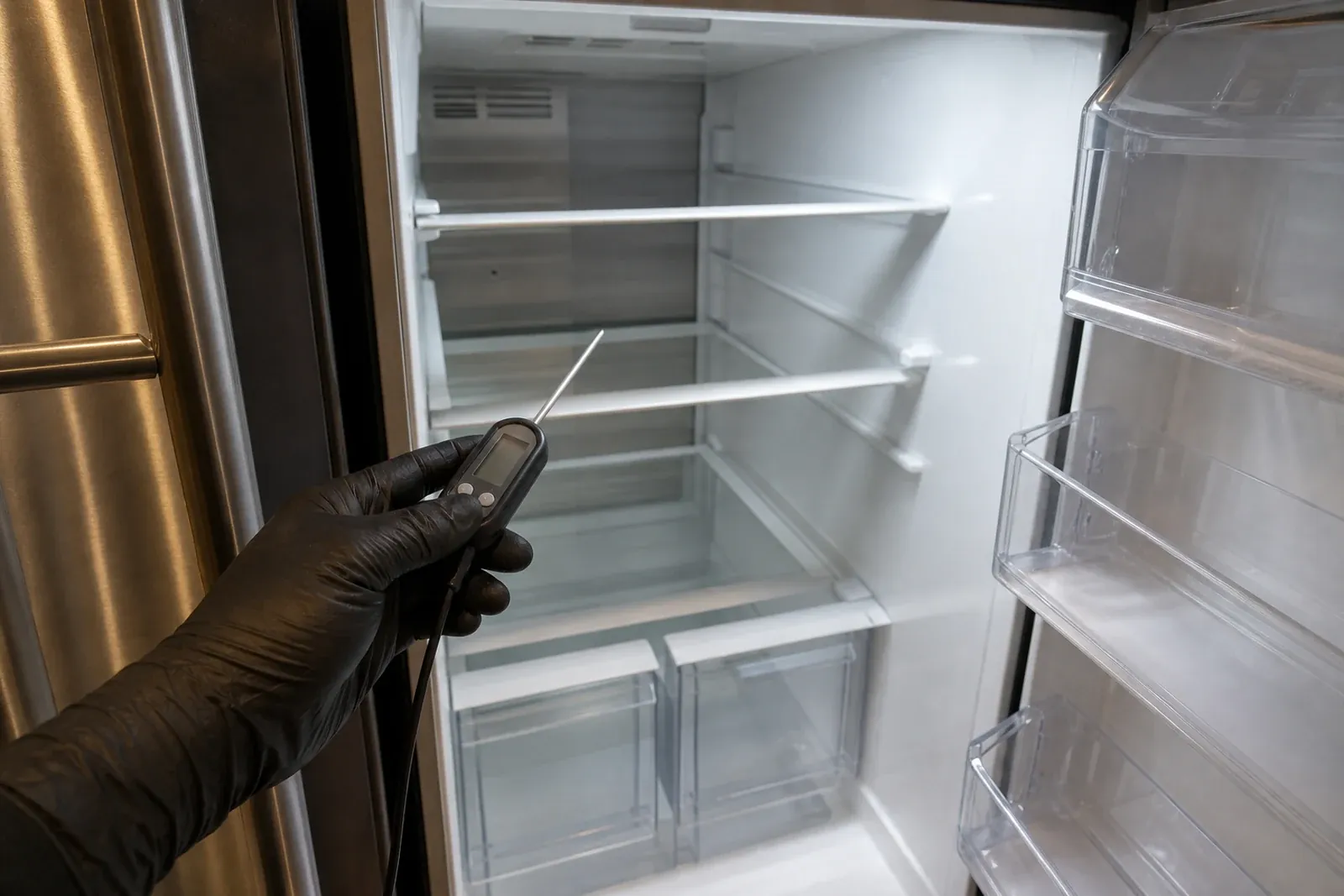 Technician reading control-board diagnostics on a built-in Sub-Zero in a San Ramon kitchen during a diagnostic visit