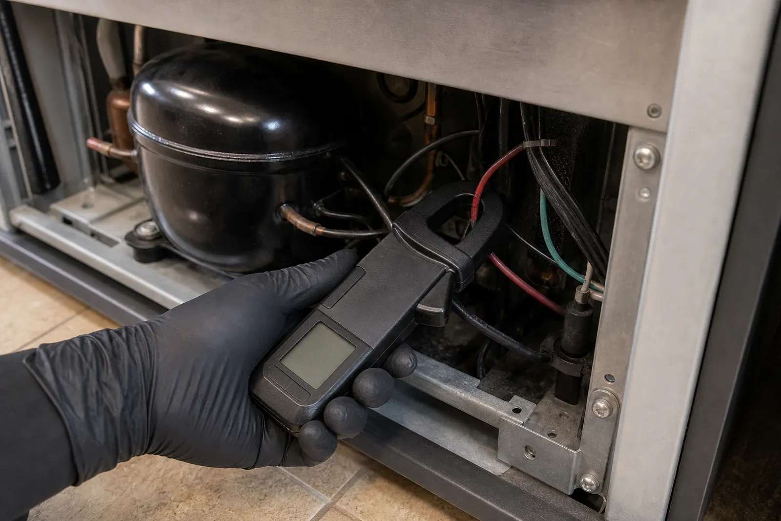 Technician attaching refrigeration gauges to a Sub-Zero sealed system during a San Ramon service call